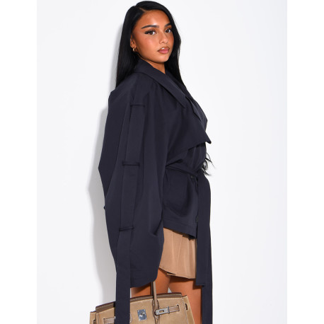 Oversized short trench coat with drawstring cuffs