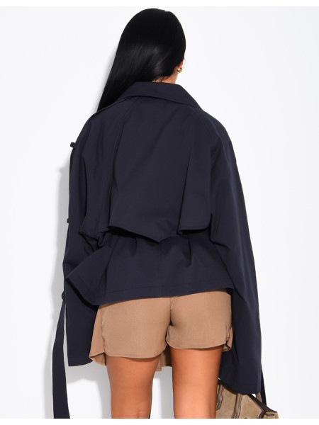 Oversized short trench coat with drawstring cuffs