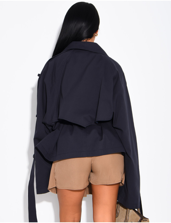 Oversized short trench coat with drawstring cuffs