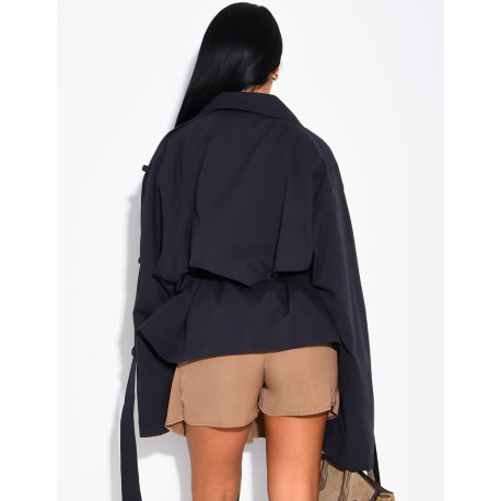 Oversized short trench coat with drawstring cuffs