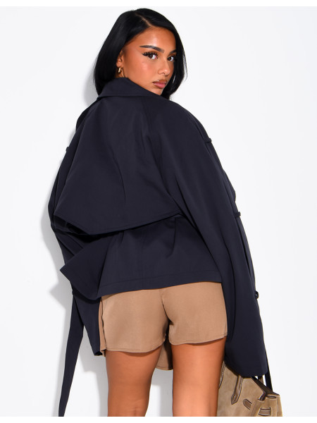 Oversized short trench coat with drawstring cuffs