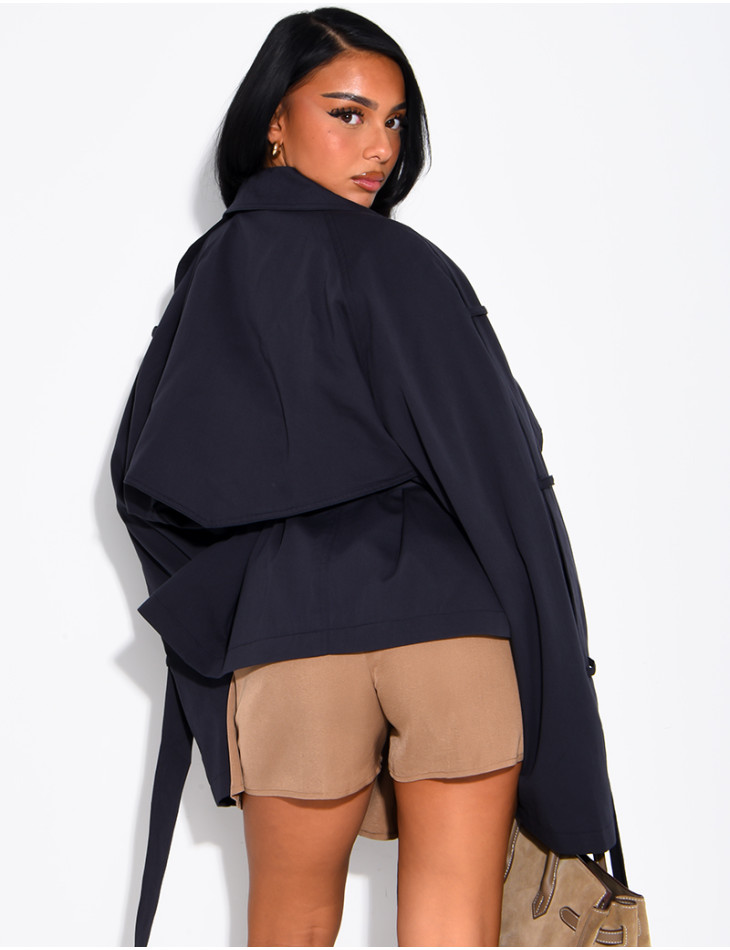 Oversized short trench coat with drawstring cuffs