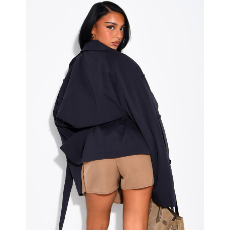 Oversized short trench coat with drawstring cuffs
