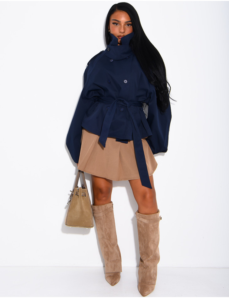 Short trench coat with a stand-up collar, ties at the waist