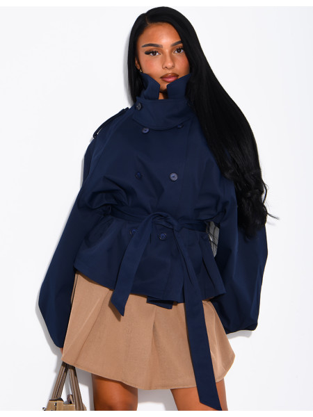Short trench coat with a stand-up collar, ties at the waist