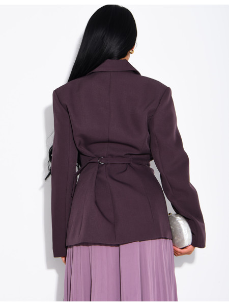 Blazer with an adjustable asymmetrical button placket in the back