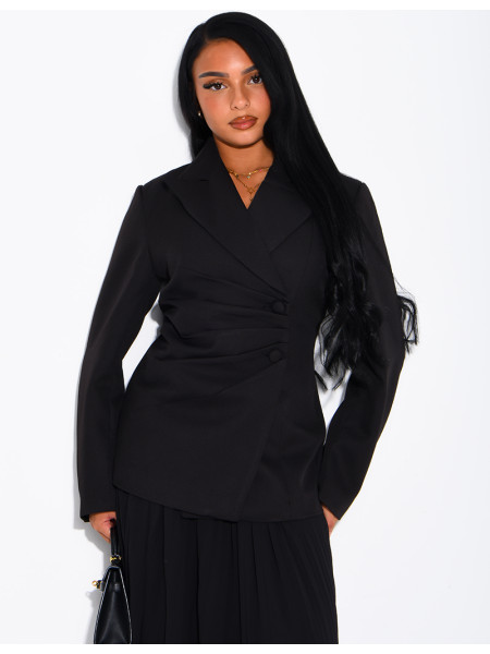 Blazer with an adjustable asymmetrical button placket in the back