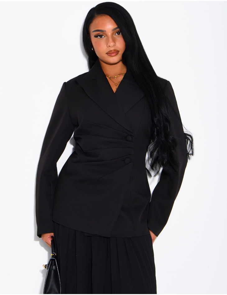 Blazer with an adjustable asymmetrical button placket in the back