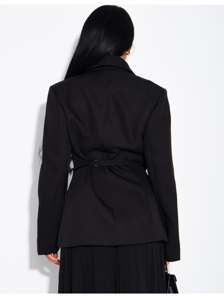 Blazer with an adjustable asymmetrical button placket in the back