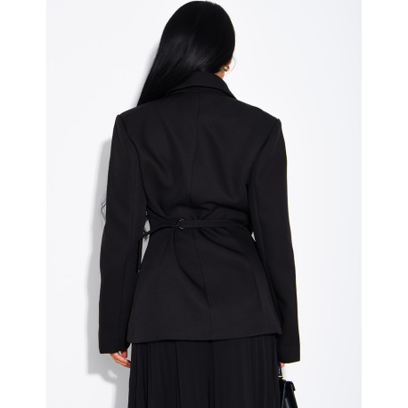 Blazer with an adjustable asymmetrical button placket in the back