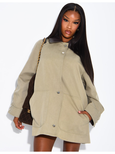 Oversized mid-length jacket with faux leather collar