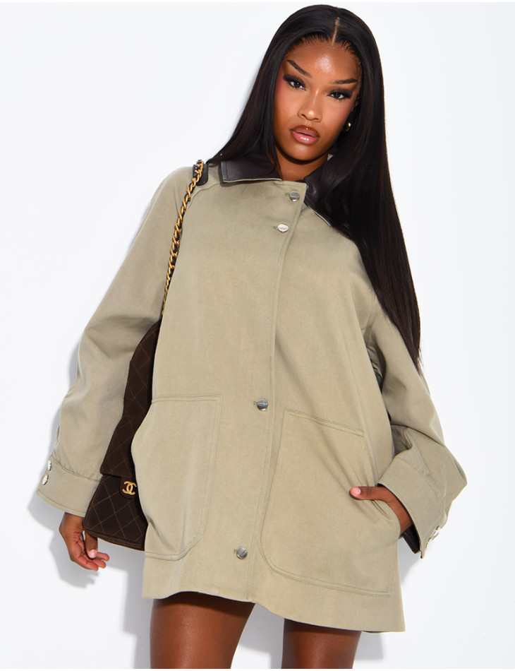Oversized mid-length jacket with faux leather collar