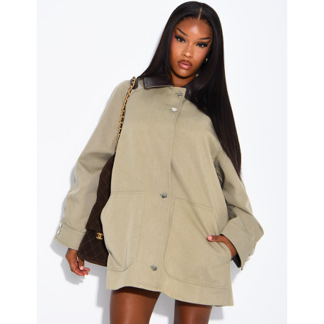 Oversized mid-length jacket with faux leather collar