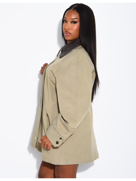 Oversized mid-length jacket with faux leather collar