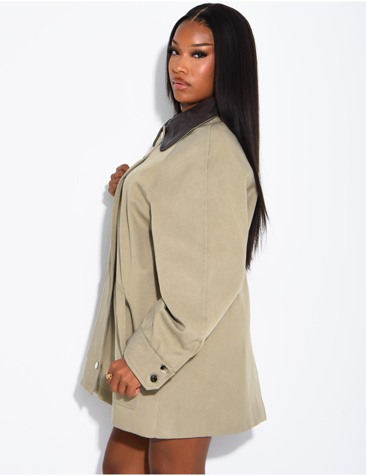 Oversized mid-length jacket with faux leather collar
