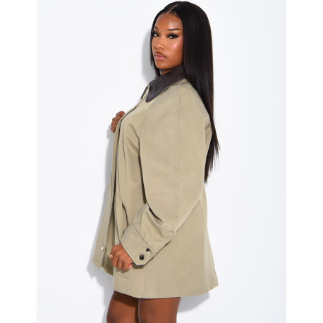 Oversized mid-length jacket with faux leather collar