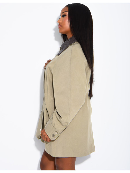 Oversized mid-length jacket with faux leather collar