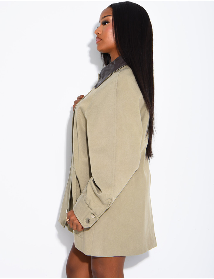 Oversized mid-length jacket with faux leather collar