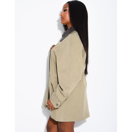 Oversized mid-length jacket with faux leather collar