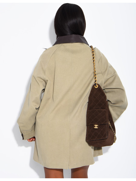 Oversized mid-length jacket with faux leather collar
