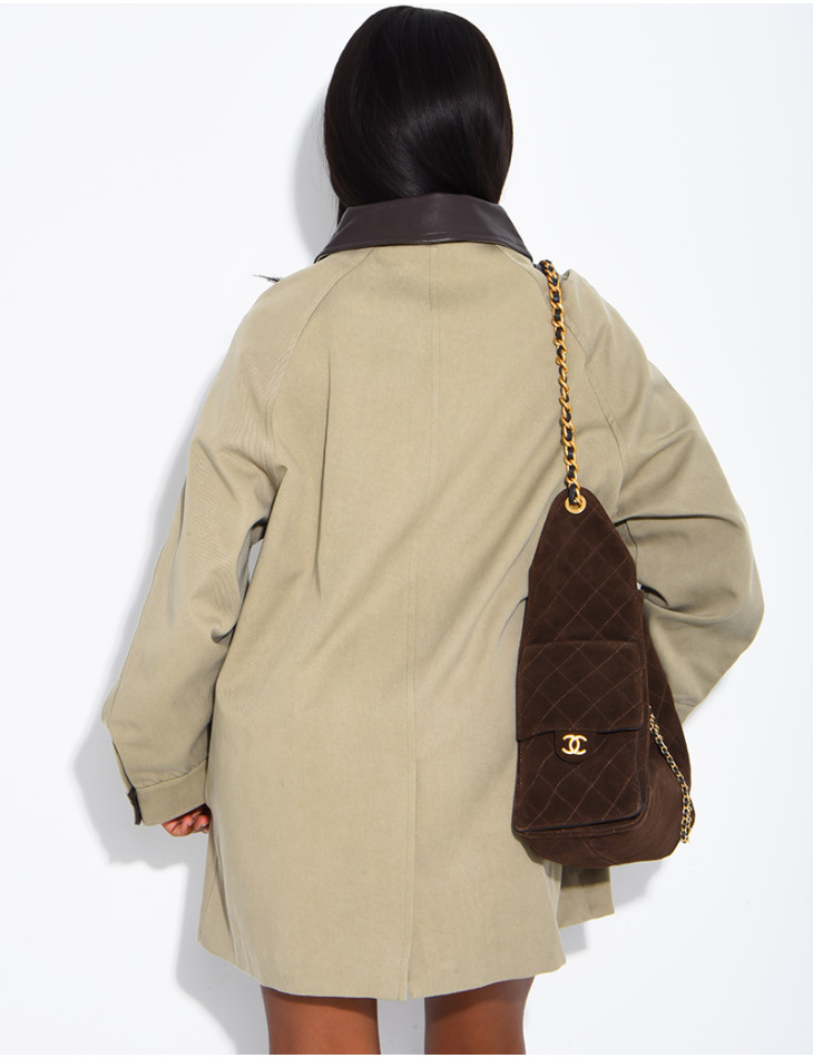 Oversized mid-length jacket with faux leather collar