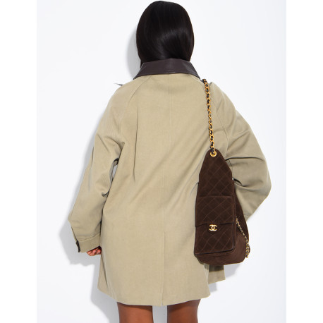 Oversized mid-length jacket with faux leather collar