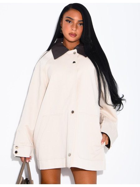 Oversized mid-length jacket with faux leather collar