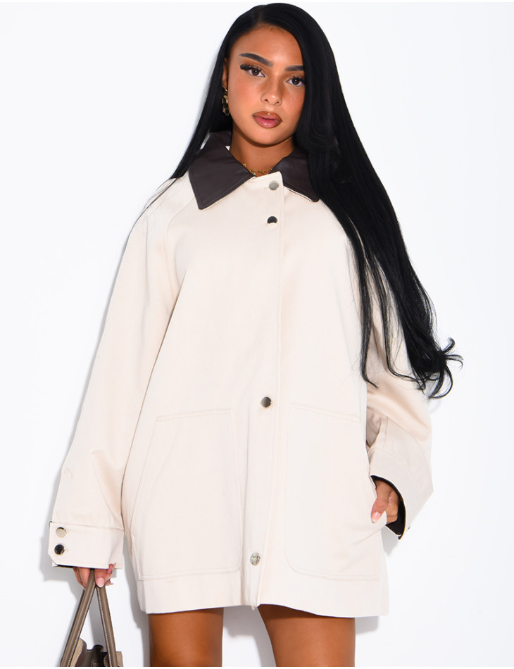 Oversized mid-length jacket with faux leather collar