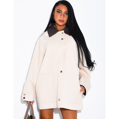 Oversized mid-length jacket with faux leather collar