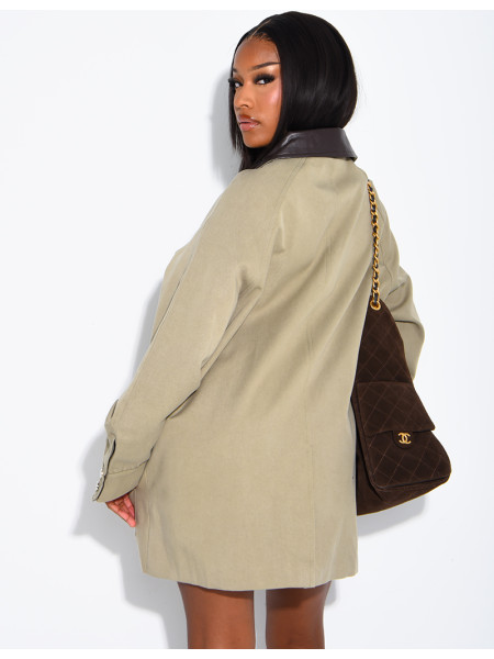 Oversized mid-length jacket with faux leather collar