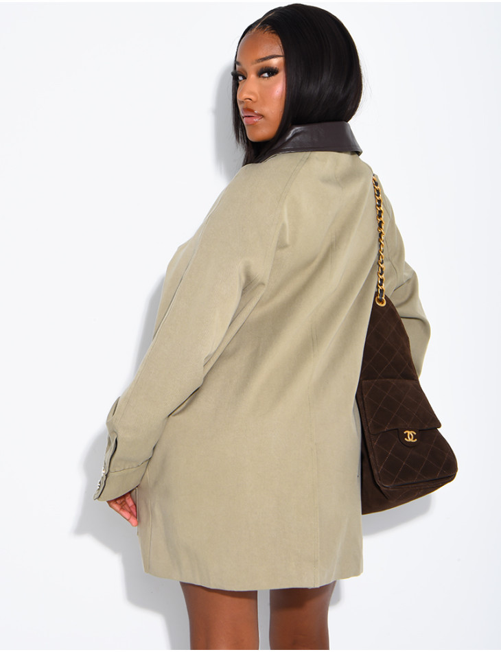 Oversized mid-length jacket with faux leather collar