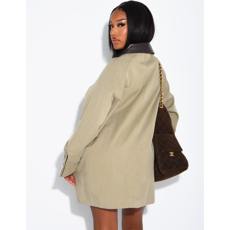 Oversized mid-length jacket with faux leather collar
