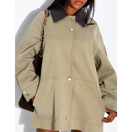 Oversized mid-length jacket with faux leather collar