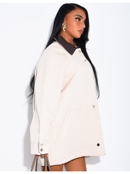 Oversized mid-length jacket with faux leather collar