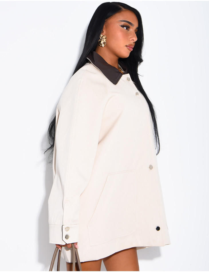 Oversized mid-length jacket with faux leather collar