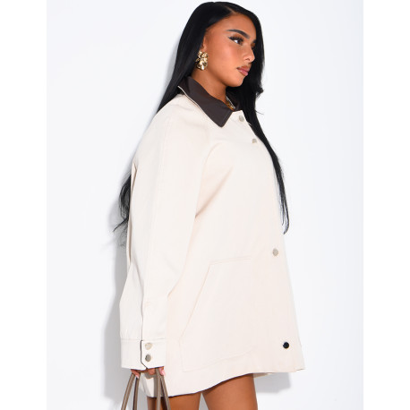 Oversized mid-length jacket with faux leather collar