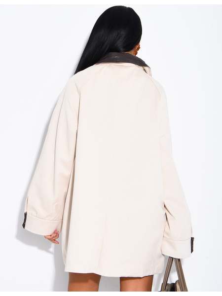 Oversized mid-length jacket with faux leather collar