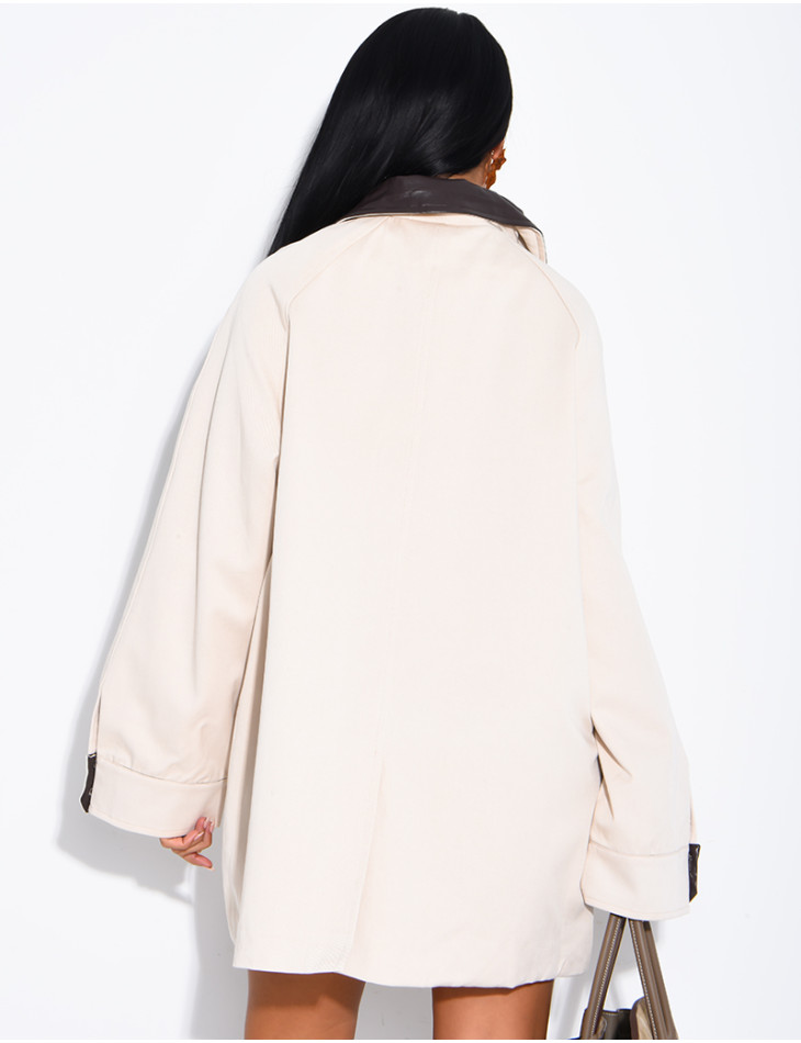 Oversized mid-length jacket with faux leather collar