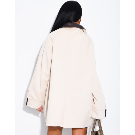Oversized mid-length jacket with faux leather collar