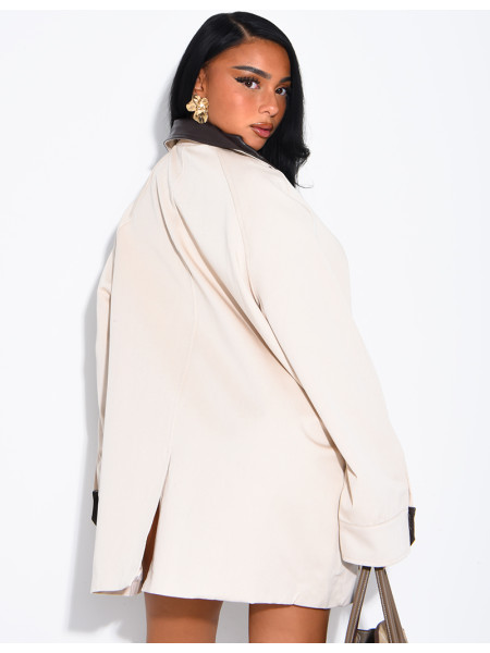 Oversized mid-length jacket with faux leather collar
