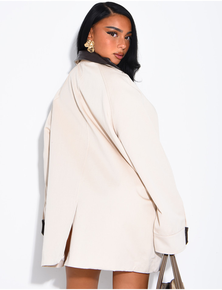 Oversized mid-length jacket with faux leather collar