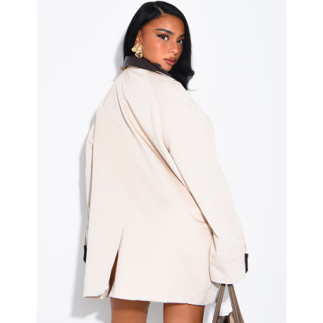 Oversized mid-length jacket with faux leather collar