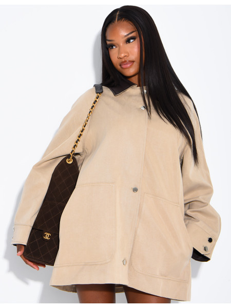 Veste mi-longue oversize à col en similicuir