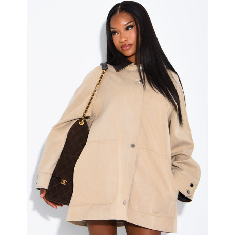 Veste mi-longue oversize à col en similicuir