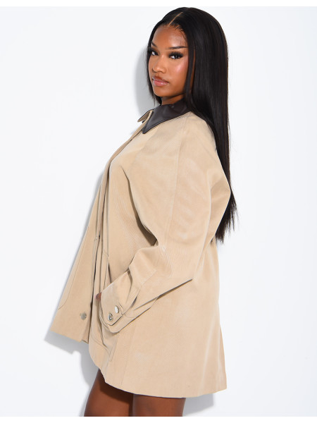 Veste mi-longue oversize à col en similicuir