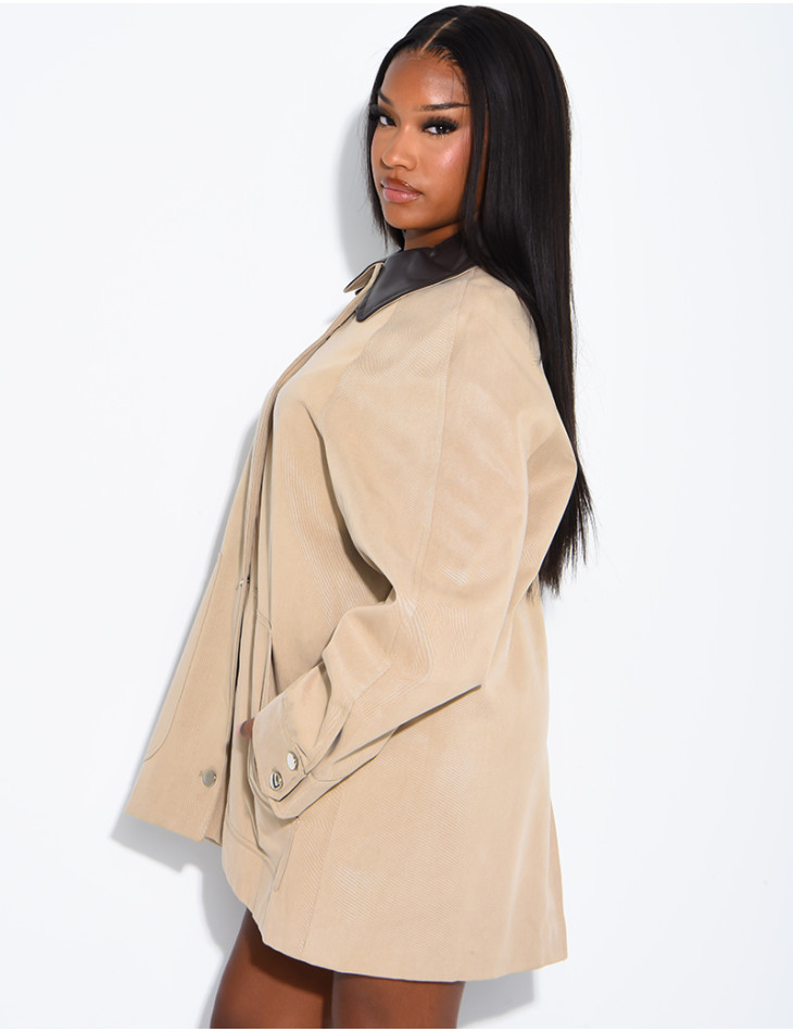 Veste mi-longue oversize à col en similicuir