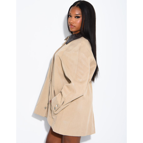 Veste mi-longue oversize à col en similicuir
