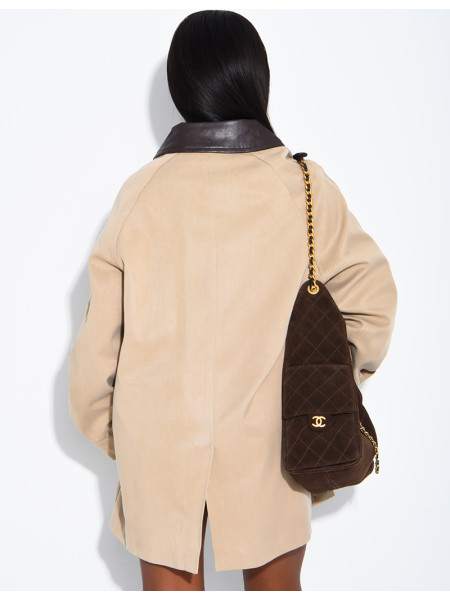 Veste mi-longue oversize à col en similicuir
