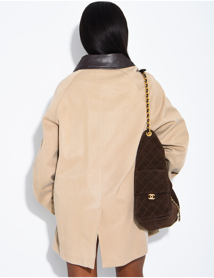 Veste mi-longue oversize à col en similicuir
