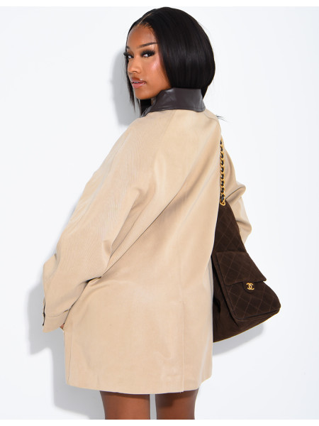 Veste mi-longue oversize à col en similicuir